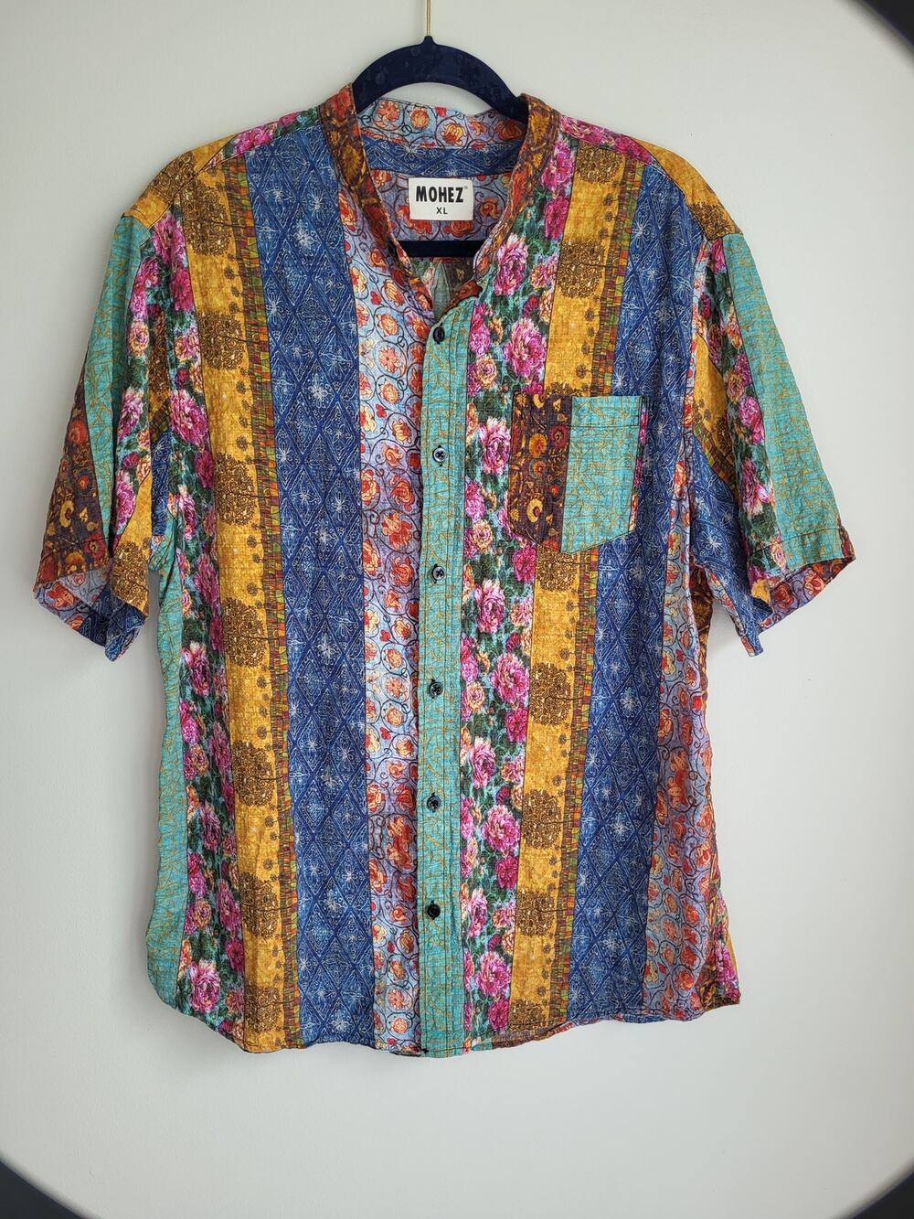 Retro-Like XL Quilted Patchwork Festival Collarless Shortsleeve Button Down EUC